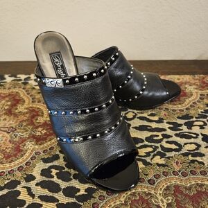 Brighton Teri Pewter Leather Peep-Toe Heeled Sandals Black - Size 6 1/2